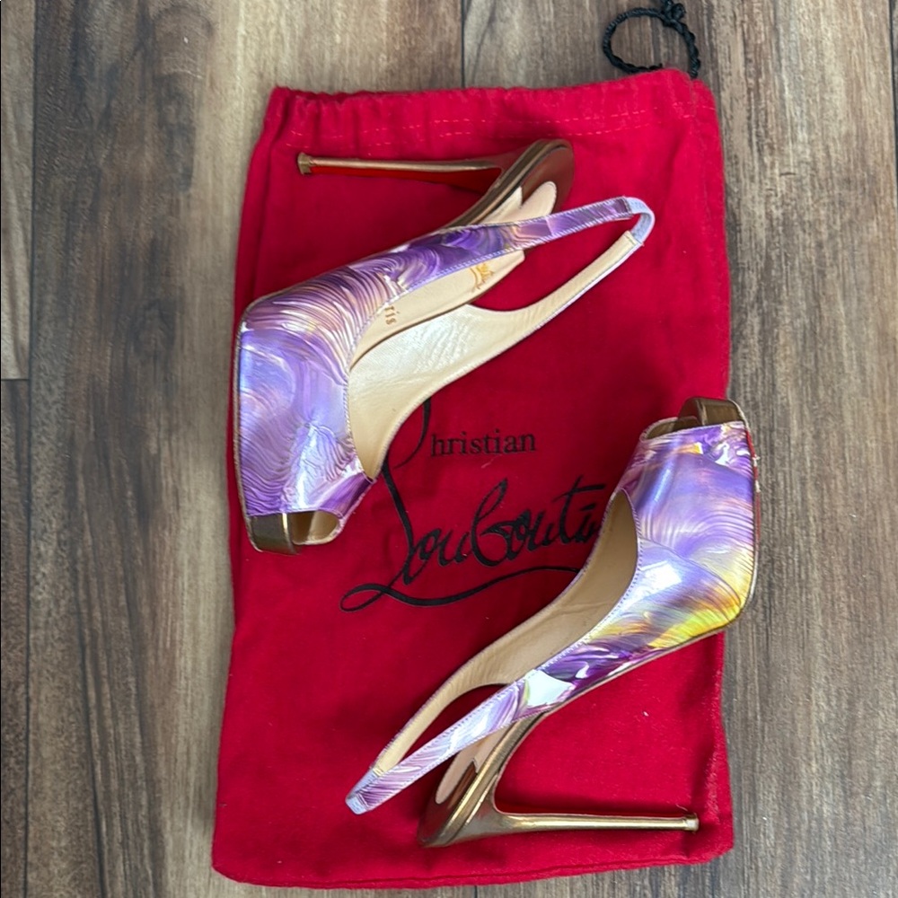 Christian Louboutin NoPrive Purple Metallic Peep Toe Slingback Heels 36.5
